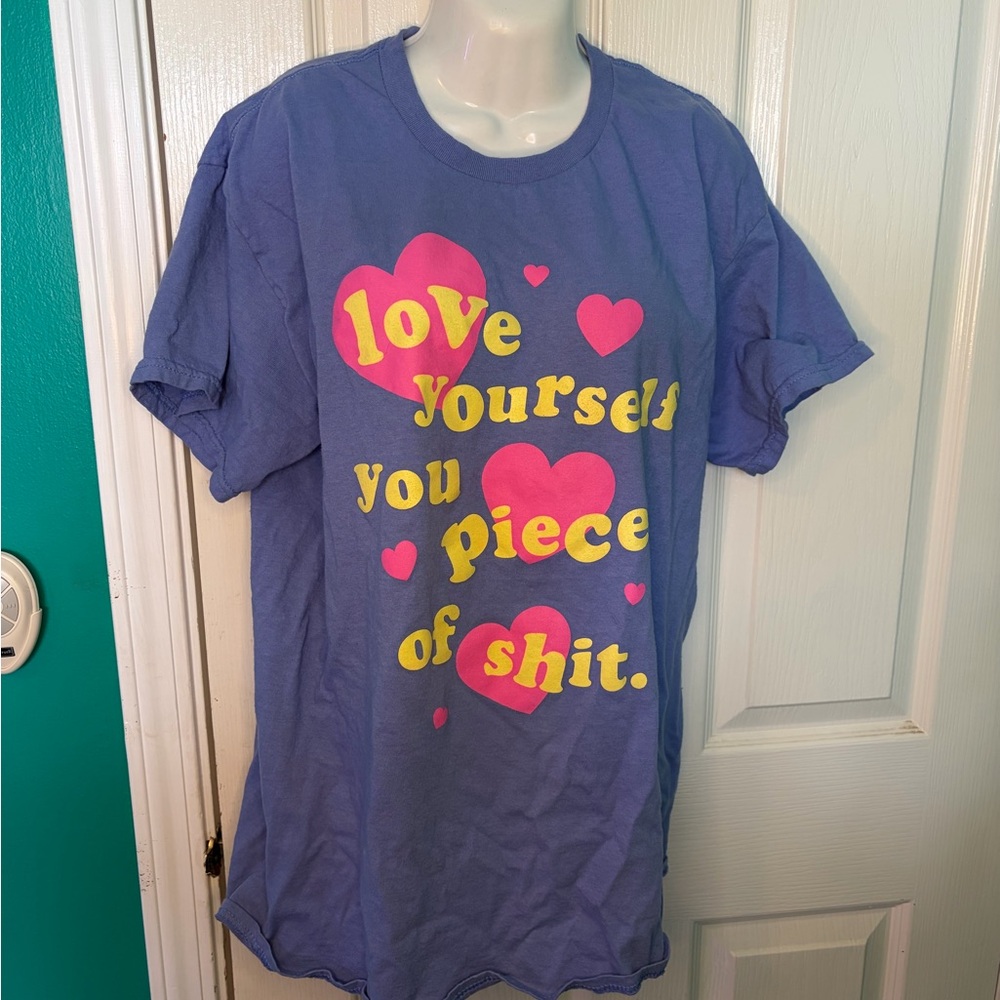 Spencer's purple cotton t-shirt with Love Yourself graphic print funny theme L